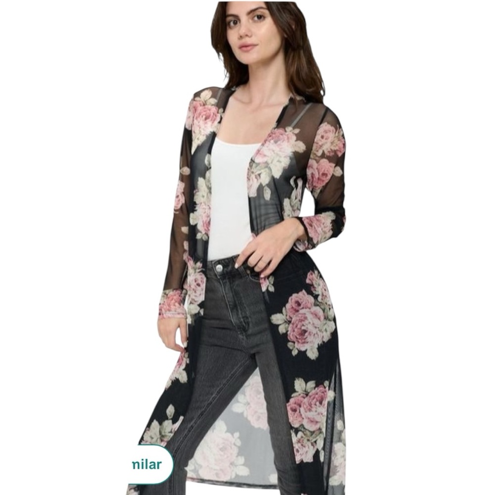 Women’s Sheer Black Floral Open Front Long Kimono Cardigan Duster Beach Cover Up